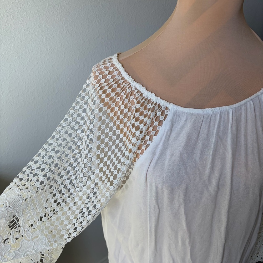 White Lace Women’s Blouse Size M | Boho Crochet Sleeve Peasant Top - Picture 6 of 8